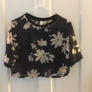 Sheer, cropped, black flower shirt